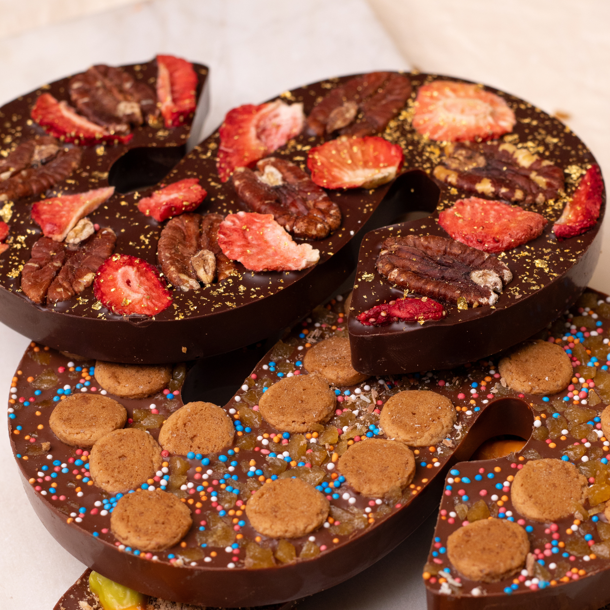 Stack of several delicious looking chocolate letters S with different toppings