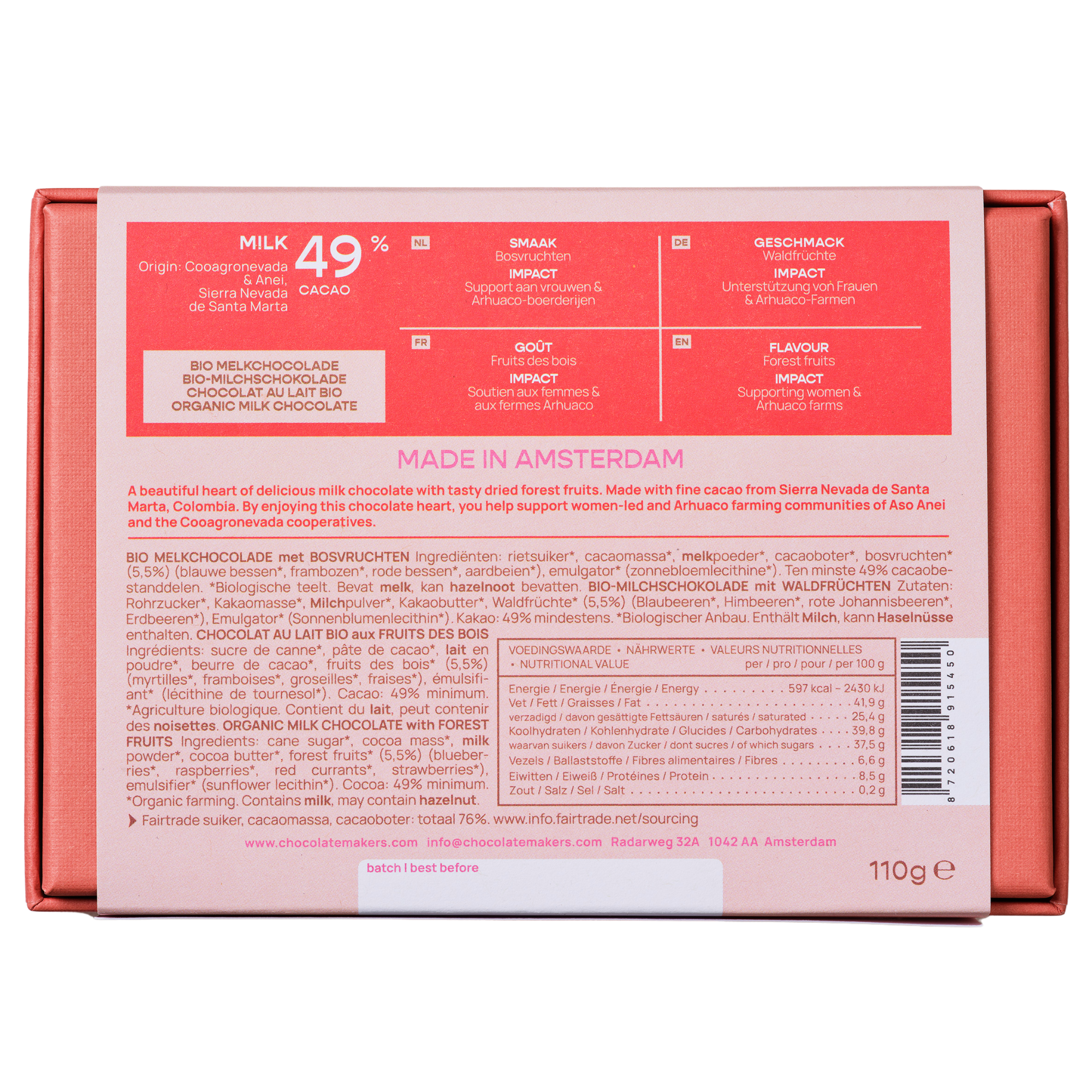 Bio Hey Sweetheart Milk Colombia 49% rode vruchten (doos van 8)