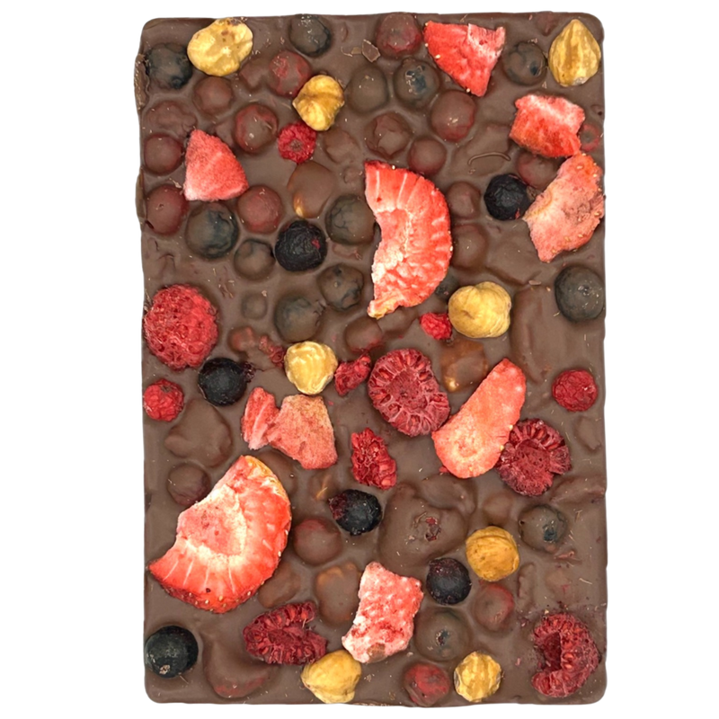 Premium-Schokoladentafel | Milch + Waldfrüchte + Haselnüsse – Firmengeschenk