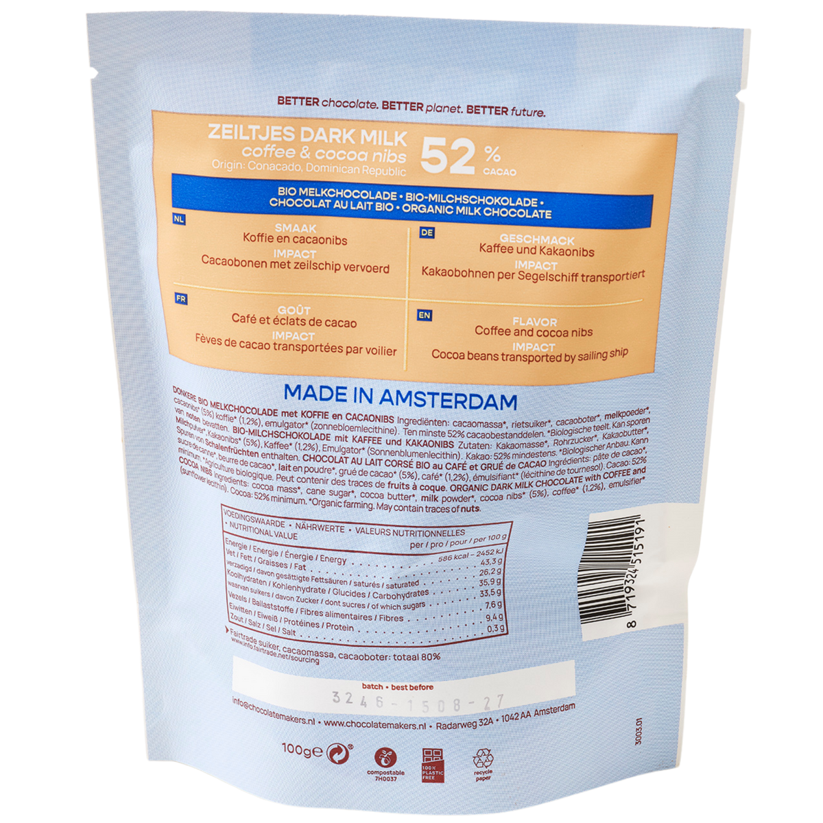 Zeiltjes 52% cacao | Melkchocolade met koffie en cacaonibs