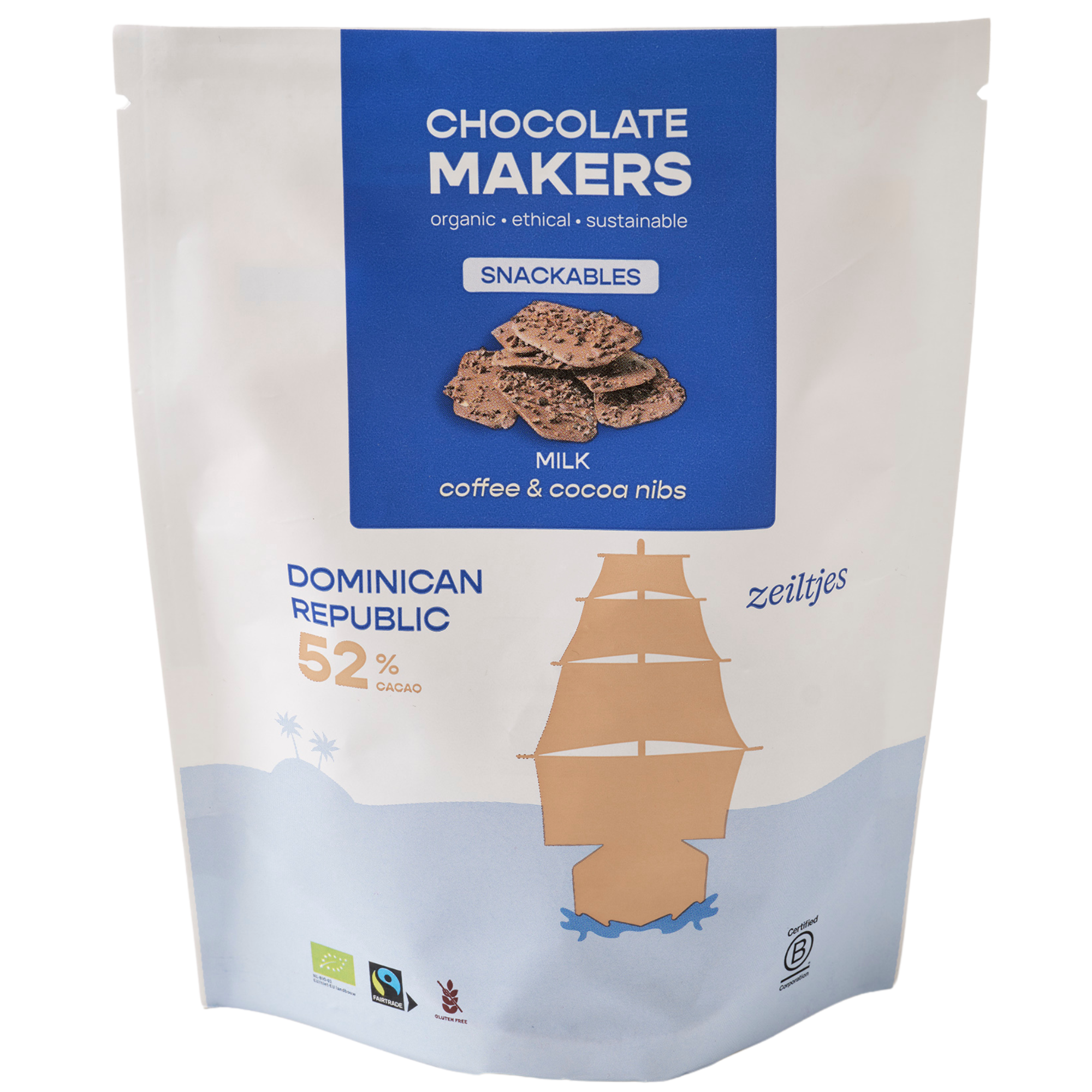 Bio Zeiltjes Melk 52% Koffie&amp;Cacao Nibs (10 zakjes)